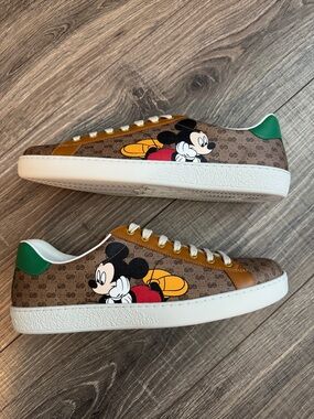 Gucci Mens Brown GG Mickey Canvas Sneakers with Green Heel Tab
